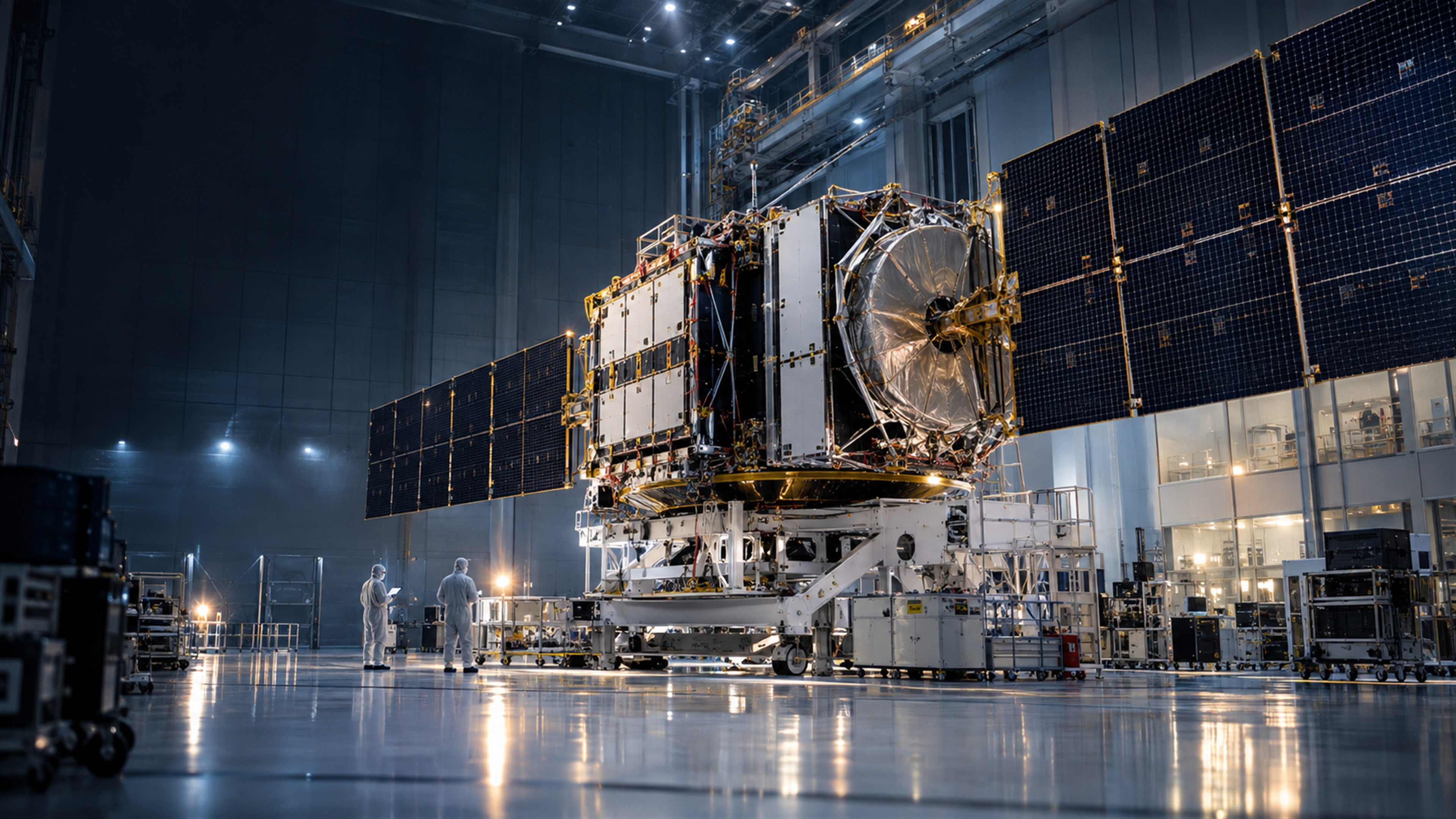 Satellite being assembled in a modern spacecraft cleanroom